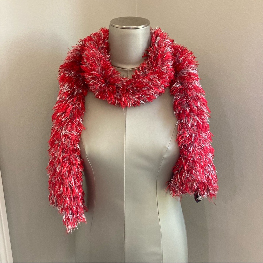 Red and gray soft fluffy scarf by sandol 100% polyester Preowned condition